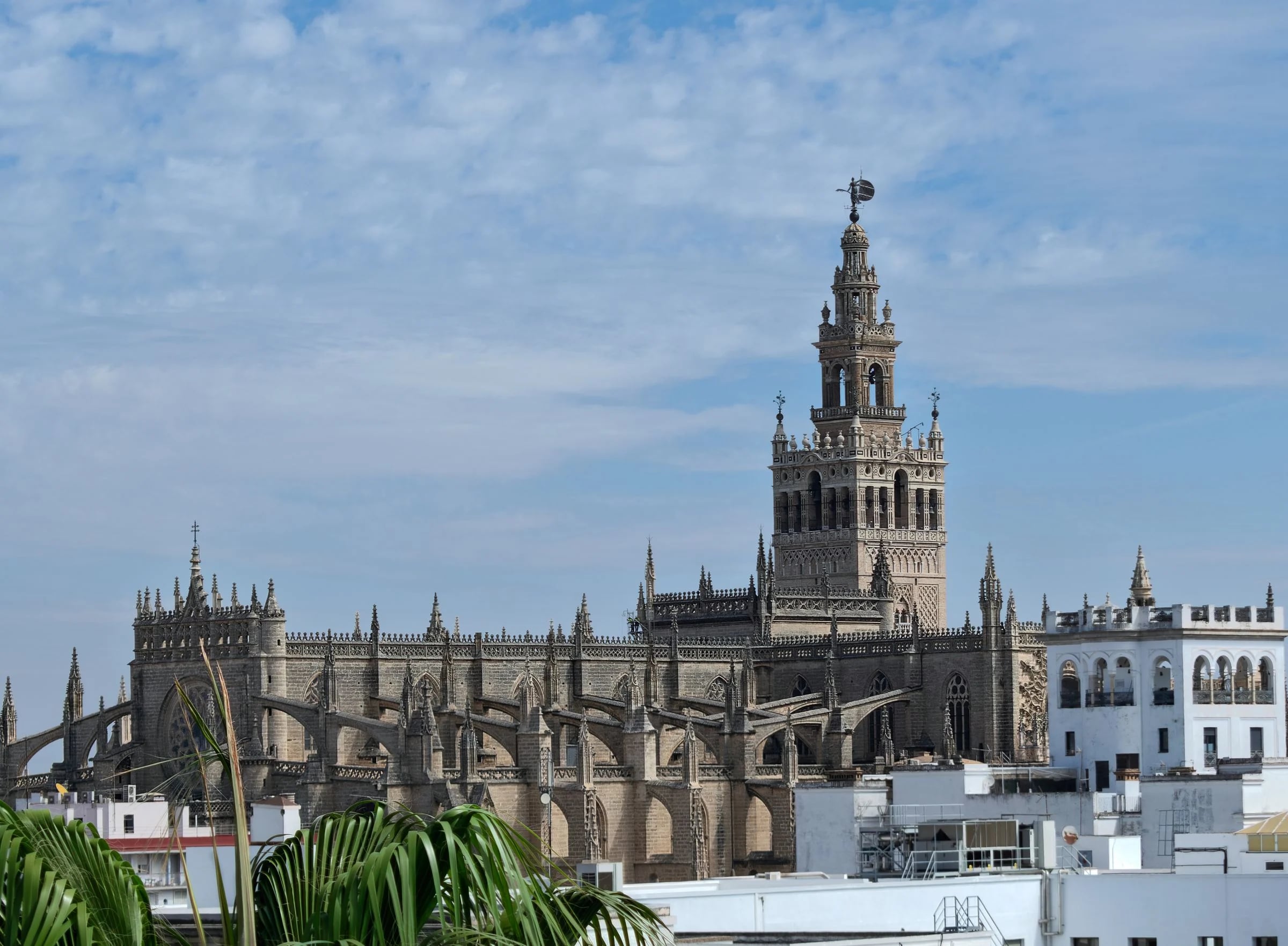 La Giralda y la catedral de Sevilla sobre los tejados bajo un cielo azul