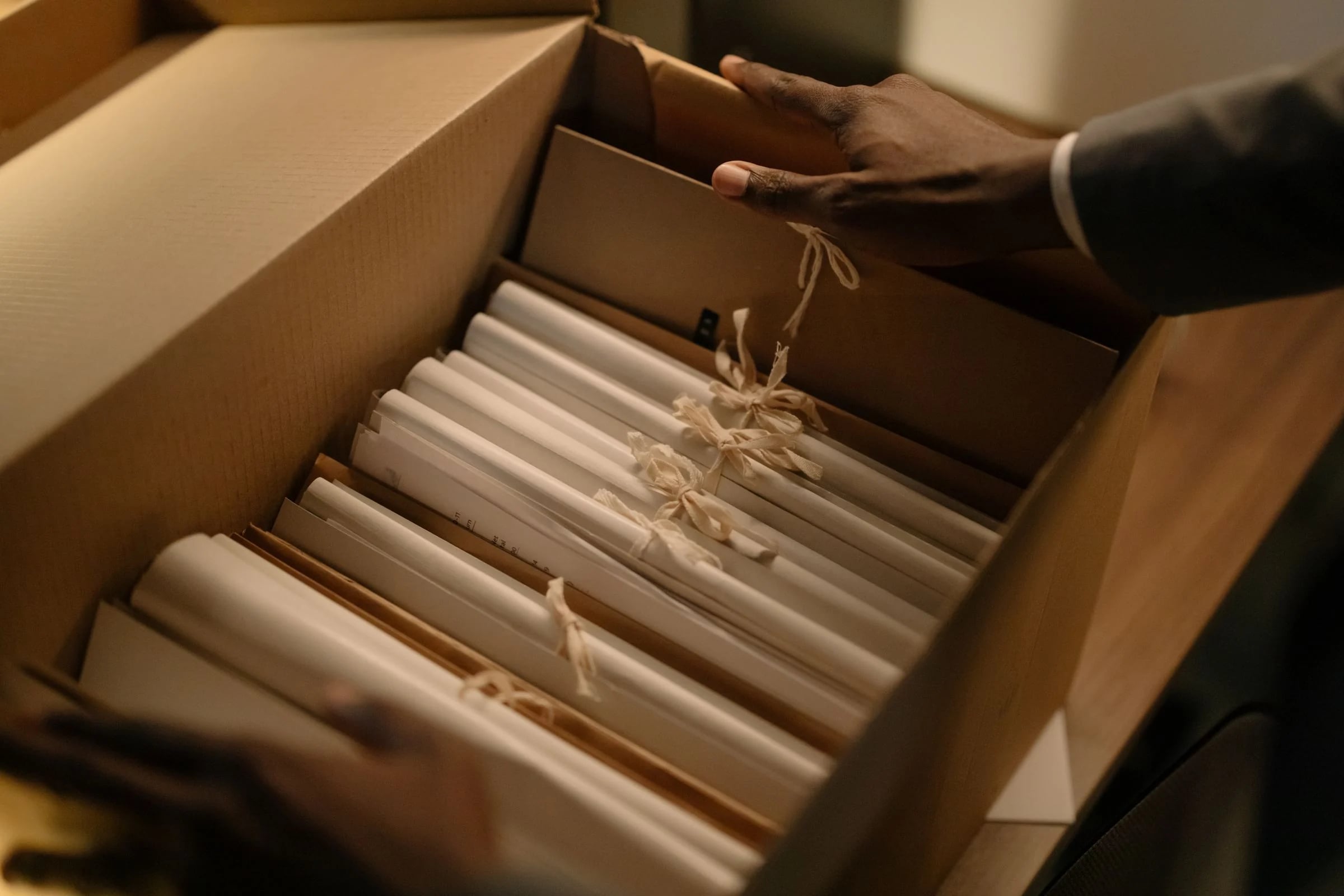 Manos sacan de un cajón una caja de expedientes atados con cordel