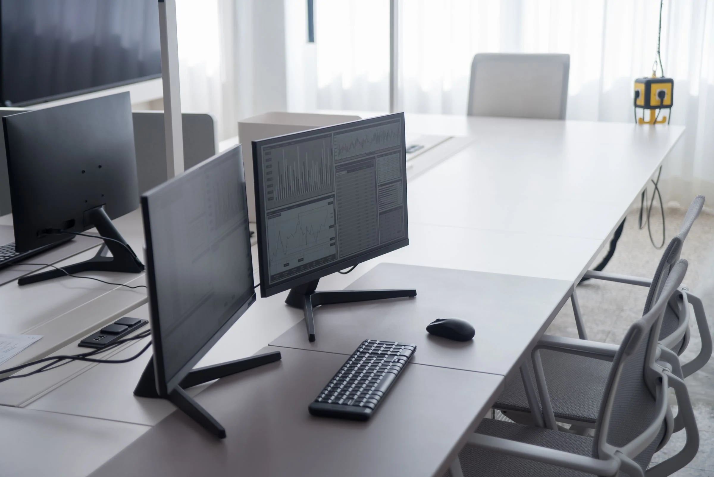 Puesto de oficina ordenado con dos monitores, teclado y ratón en una sala luminosa